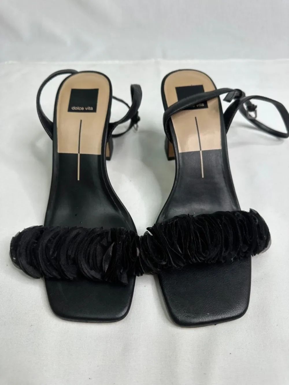Dolce Vita Black Ruffle Front Square-Toe Ankle Strap Sandals